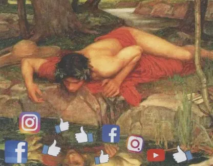 Narcissus bent over his reflection, social media icons floating in the water